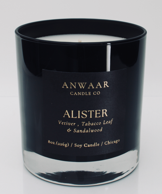  Alister -  luxury candle in elegant black glass vessel with black label and gold font  