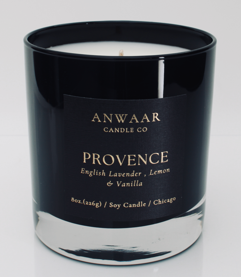 Provence - black elegant candle vessel with black label and gold letters with details about the product